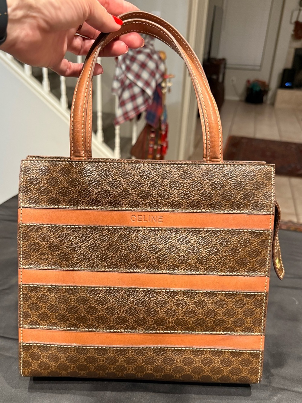 Vintage Celine Macadam MC96 Top Handle Tote Brown Coated Canvas Leather Stripes